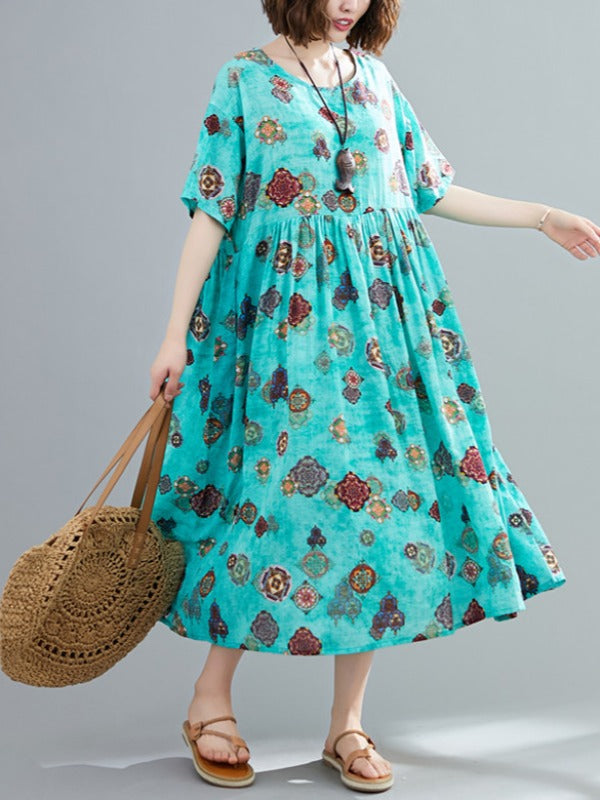 VINTAGE FLORAL ROUND-NECK SHORT SLEEVES DRESS