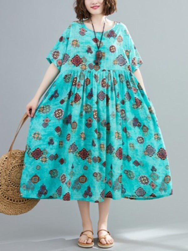 VINTAGE FLORAL ROUND-NECK SHORT SLEEVES DRESS