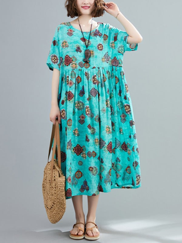 VINTAGE FLORAL ROUND-NECK SHORT SLEEVES DRESS