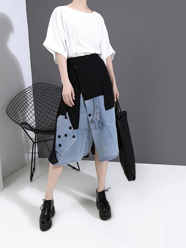 Fashion Empire Split-Joint Denim A-Line Skirt
