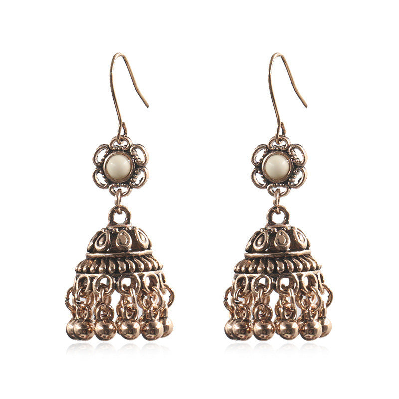 Vintage geometric round bead tassel earrings