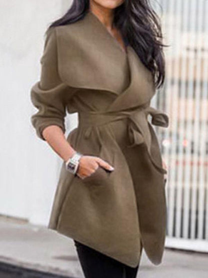 Solid Color Lapel Collar Belted Coat Tops