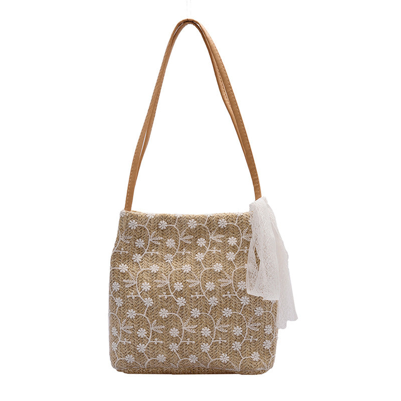 Large capacity bucket hand-held straw woven women's bag