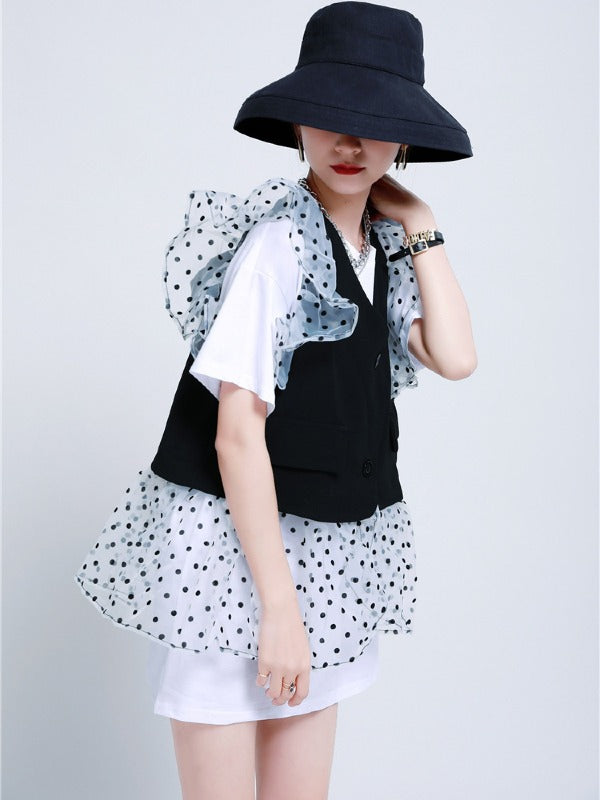 TWO-PIECES LACE CROCHET PANEL RUFFLE FALBALA WAISTCOAT &INNER DRESS