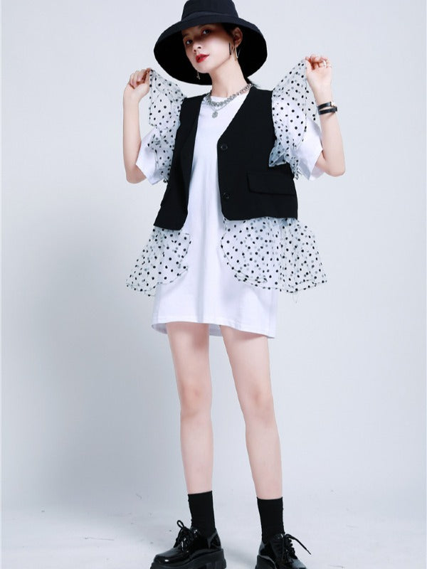 TWO-PIECES LACE CROCHET PANEL RUFFLE FALBALA WAISTCOAT &INNER DRESS