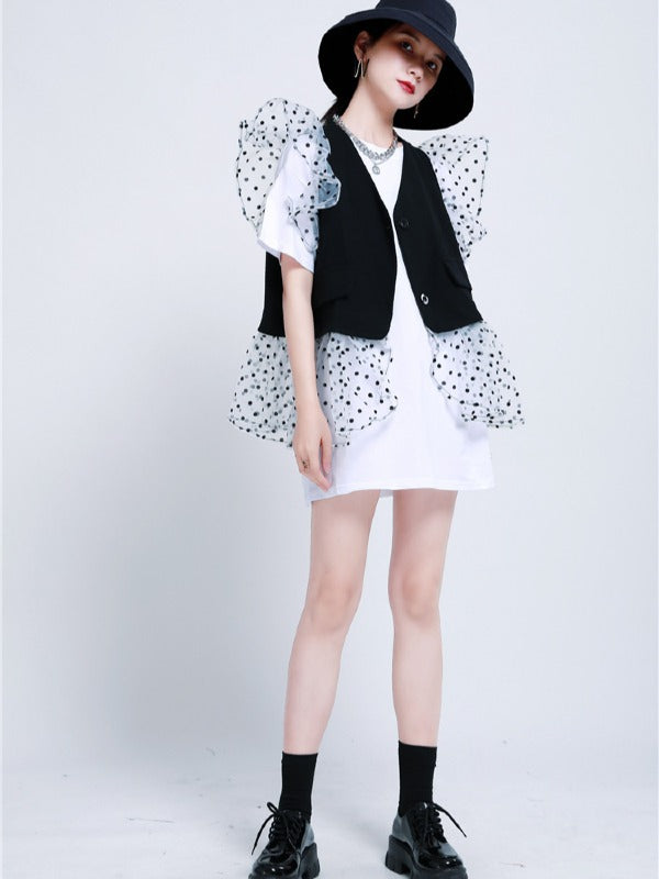 TWO-PIECES LACE CROCHET PANEL RUFFLE FALBALA WAISTCOAT &INNER DRESS