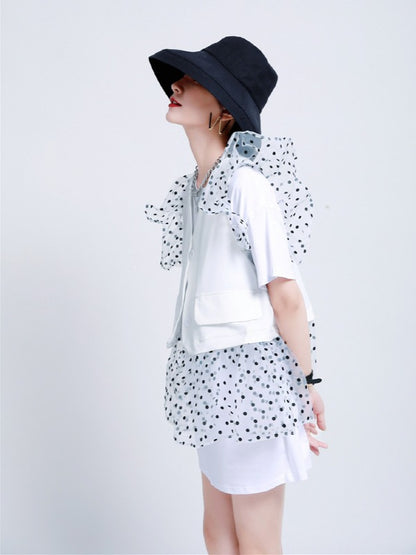 TWO-PIECES LACE CROCHET PANEL RUFFLE FALBALA WAISTCOAT &INNER DRESS