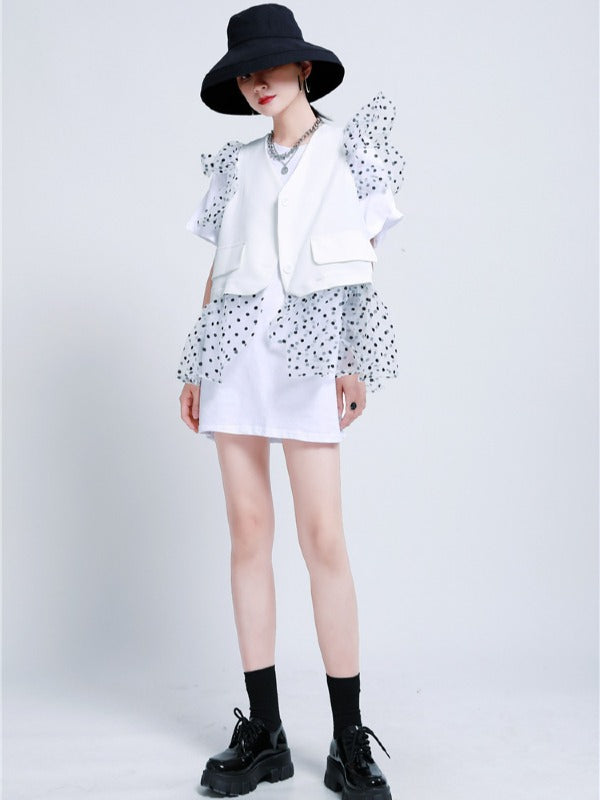 TWO-PIECES LACE CROCHET PANEL RUFFLE FALBALA WAISTCOAT &INNER DRESS