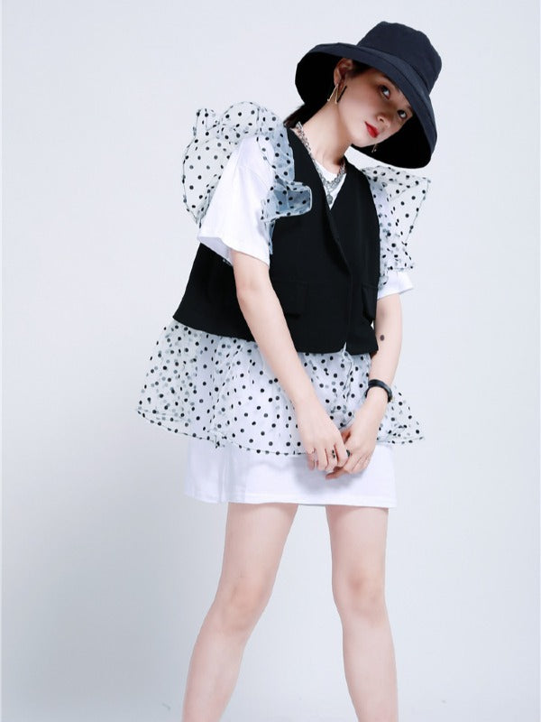 TWO-PIECES LACE CROCHET PANEL RUFFLE FALBALA WAISTCOAT &INNER DRESS