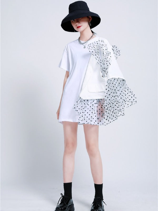 TWO-PIECES LACE CROCHET PANEL RUFFLE FALBALA WAISTCOAT &INNER DRESS