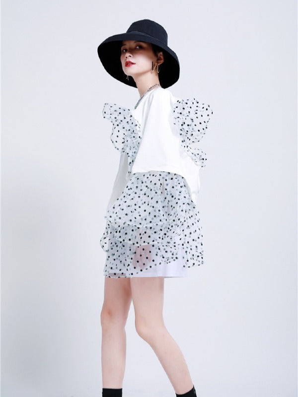 TWO-PIECES LACE CROCHET PANEL RUFFLE FALBALA WAISTCOAT &INNER DRESS