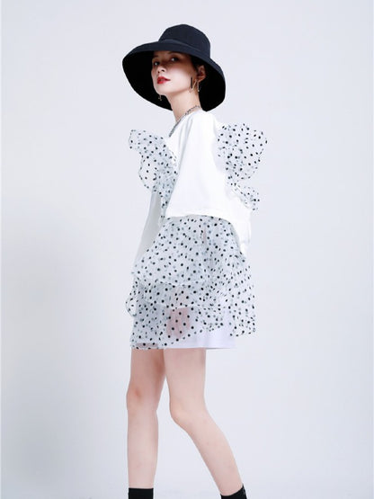 TWO-PIECES LACE CROCHET PANEL RUFFLE FALBALA WAISTCOAT &INNER DRESS