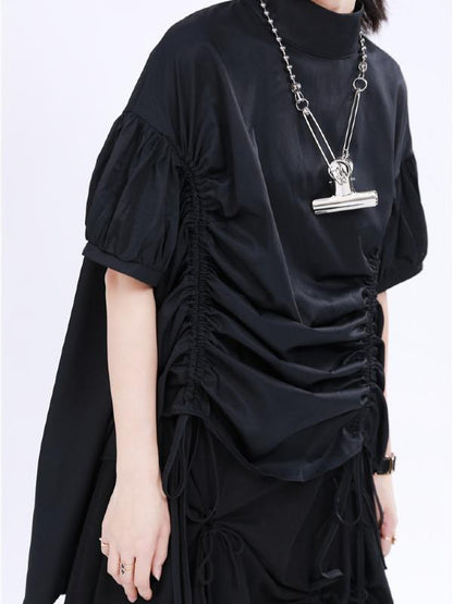Original Puff Sleeve Drawstring Stand Collar Shirt Dress