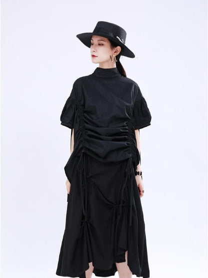 Original Puff Sleeve Drawstring Stand Collar Shirt Dress