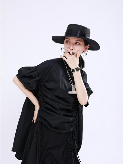 Original Puff Sleeve Drawstring Stand Collar Shirt Dress