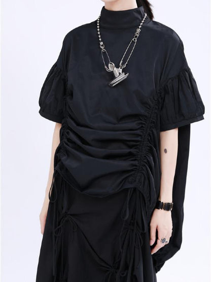 Original Puff Sleeve Drawstring Stand Collar Shirt Dress