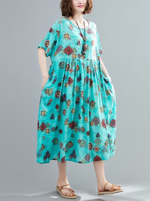 VINTAGE FLORAL ROUND-NECK SHORT SLEEVES DRESS