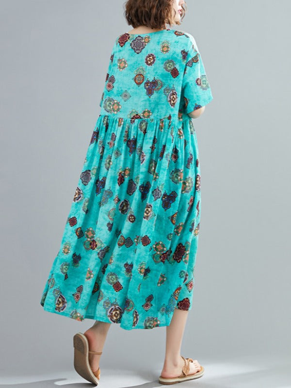 VINTAGE FLORAL ROUND-NECK SHORT SLEEVES DRESS