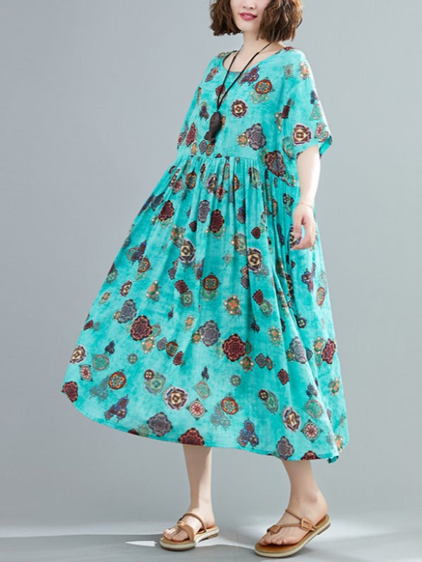 VINTAGE FLORAL ROUND-NECK SHORT SLEEVES DRESS