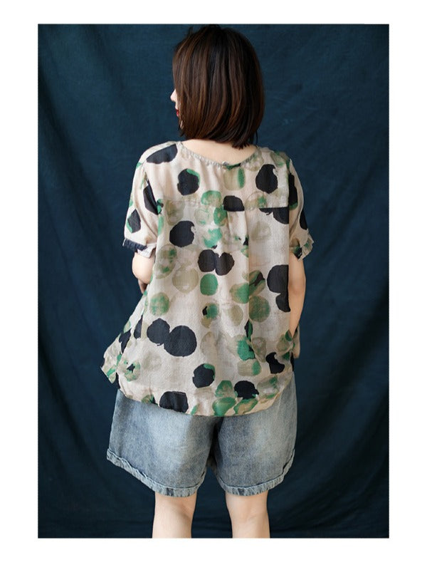 ARTISTIC RETRO POLKA-DOT ROUND-NECK T-SHIRT TOPS