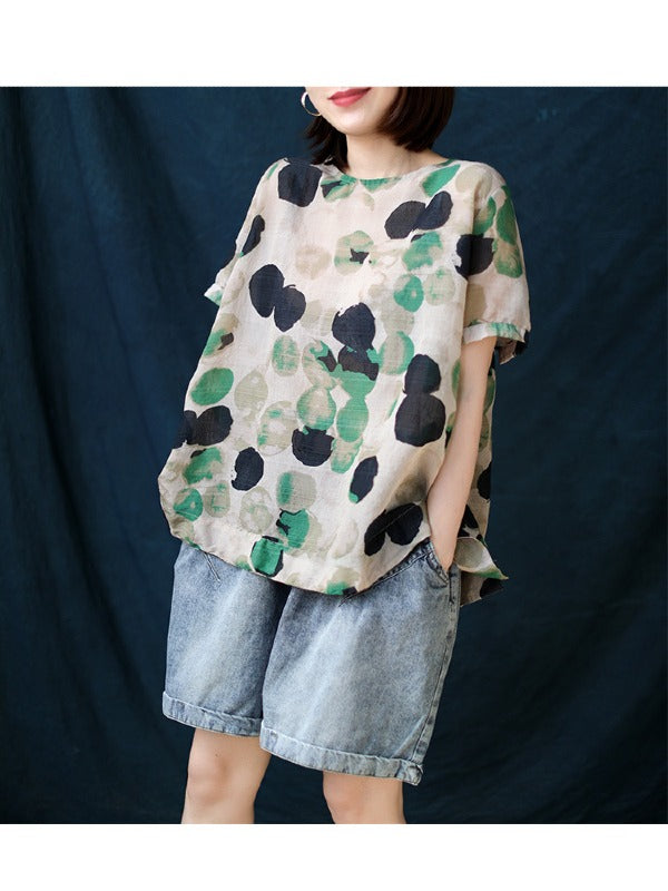 ARTISTIC RETRO POLKA-DOT ROUND-NECK T-SHIRT TOPS