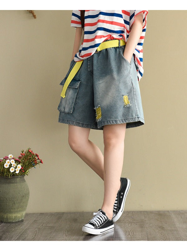 ARTISTIC HOLLOW DENIM WIDE LEG SHORTS