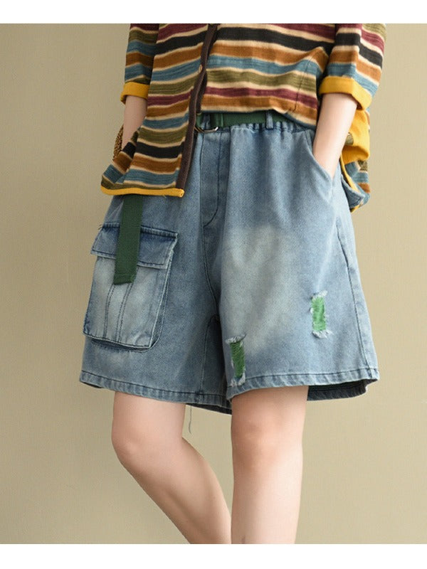 ARTISTIC HOLLOW DENIM WIDE LEG SHORTS