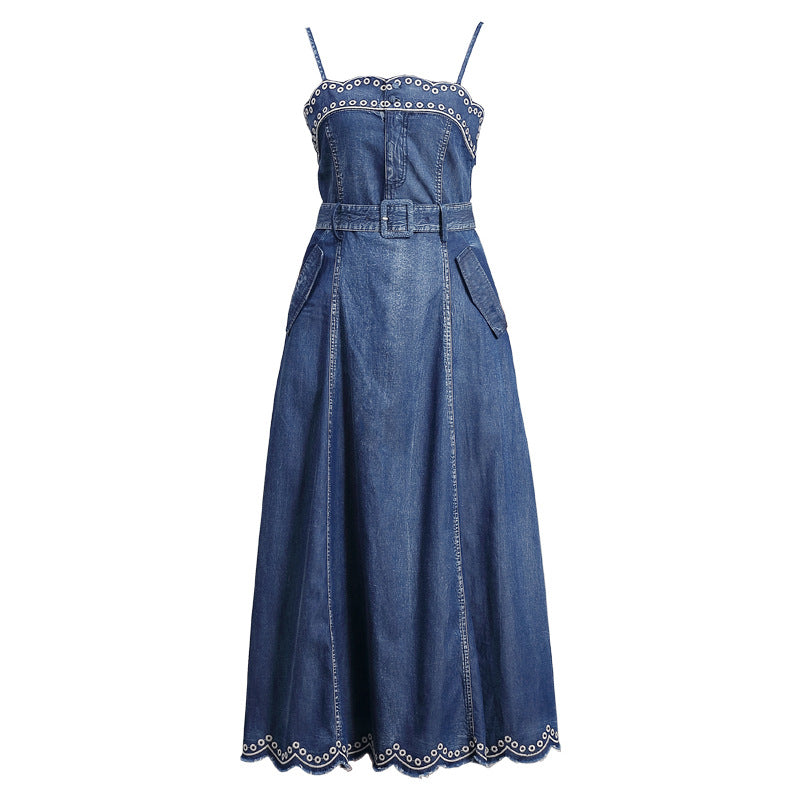 Large swing skirt vintage embroidered show thin denim dress
