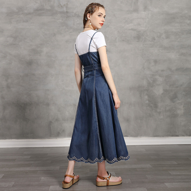 Large swing skirt vintage embroidered show thin denim dress
