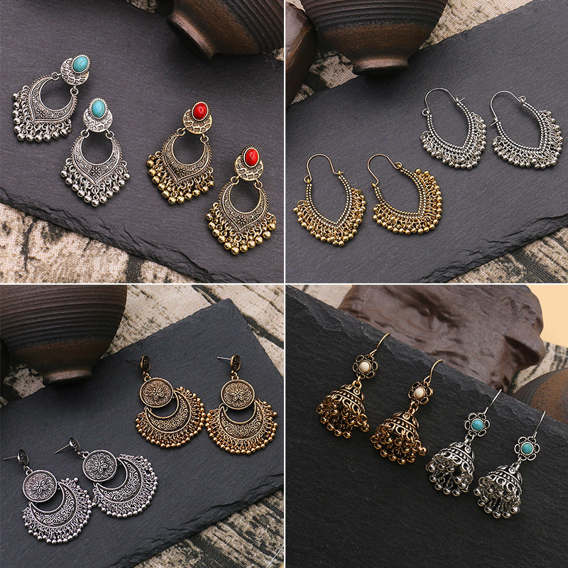 Vintage geometric round bead tassel earrings