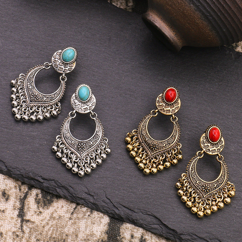 Vintage geometric round bead tassel earrings