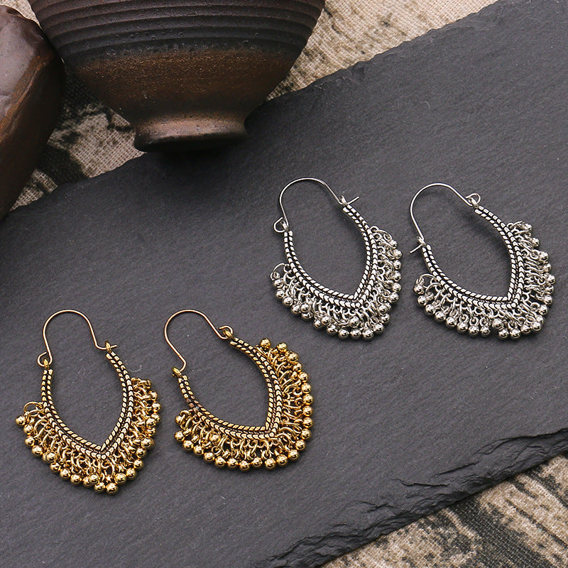 Vintage geometric round bead tassel earrings