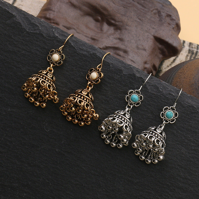 Vintage geometric round bead tassel earrings