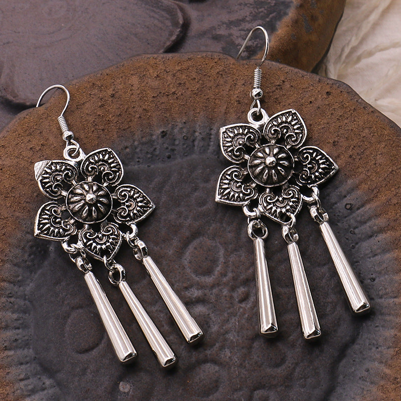 Peacock Flower Leaf National Wind Silver Earrings