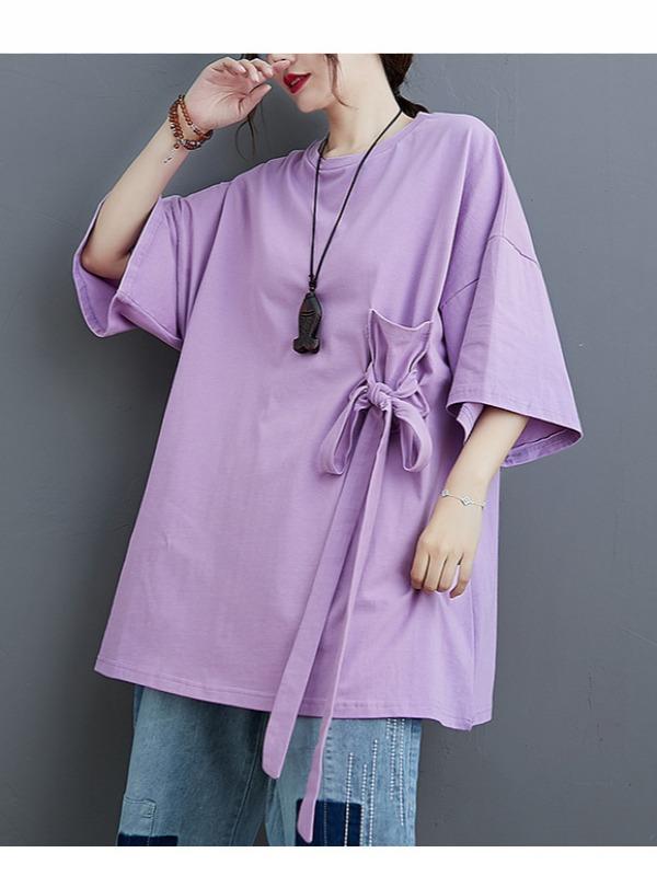 Loose Solid Color Bow-Embellished Half-Sleeve T-Shirt