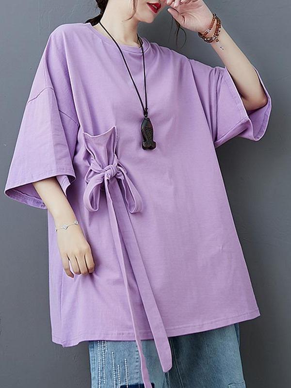 Loose Solid Color Bow-Embellished Half-Sleeve T-Shirt