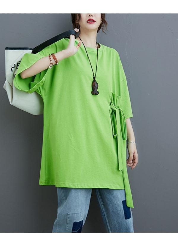 Loose Solid Color Bow-Embellished Half-Sleeve T-Shirt