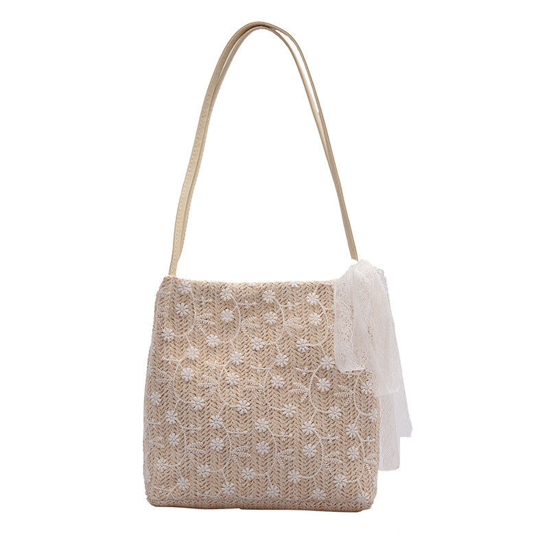 Large capacity bucket hand-held straw woven women's bag