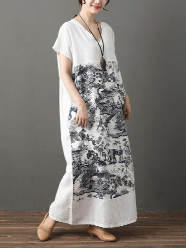 LOOSE NATIONAL INK PRINED COTTON LONG DRESS