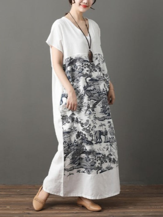 LOOSE NATIONAL INK PRINED COTTON LONG DRESS