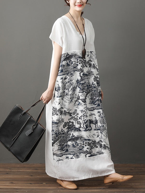 LOOSE NATIONAL INK PRINED COTTON LONG DRESS