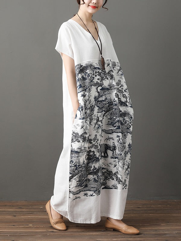 LOOSE NATIONAL INK PRINED COTTON LONG DRESS