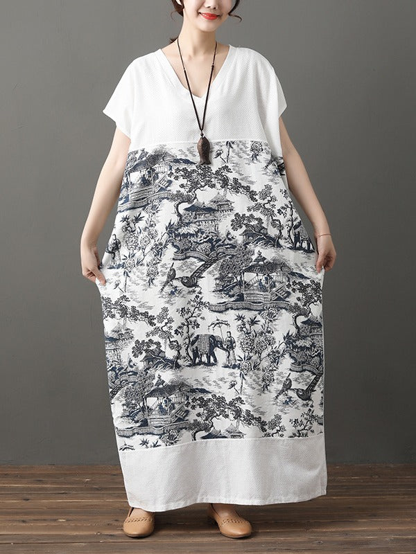 LOOSE NATIONAL INK PRINED COTTON LONG DRESS