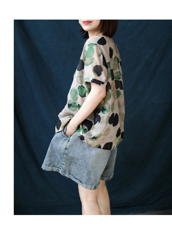 ARTISTIC RETRO POLKA-DOT ROUND-NECK T-SHIRT TOPS