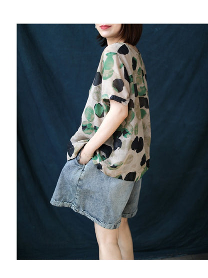 ARTISTIC RETRO POLKA-DOT ROUND-NECK T-SHIRT TOPS