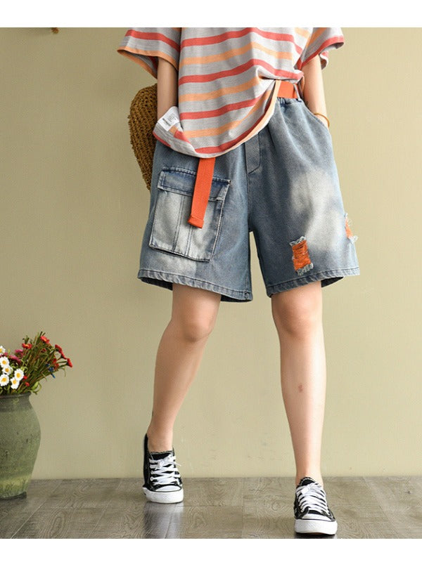 ARTISTIC HOLLOW DENIM WIDE LEG SHORTS