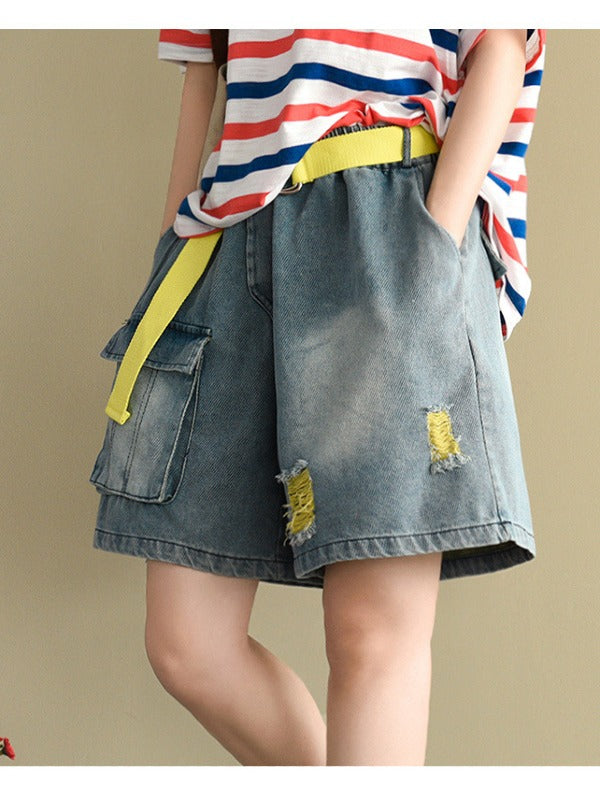 ARTISTIC HOLLOW DENIM WIDE LEG SHORTS
