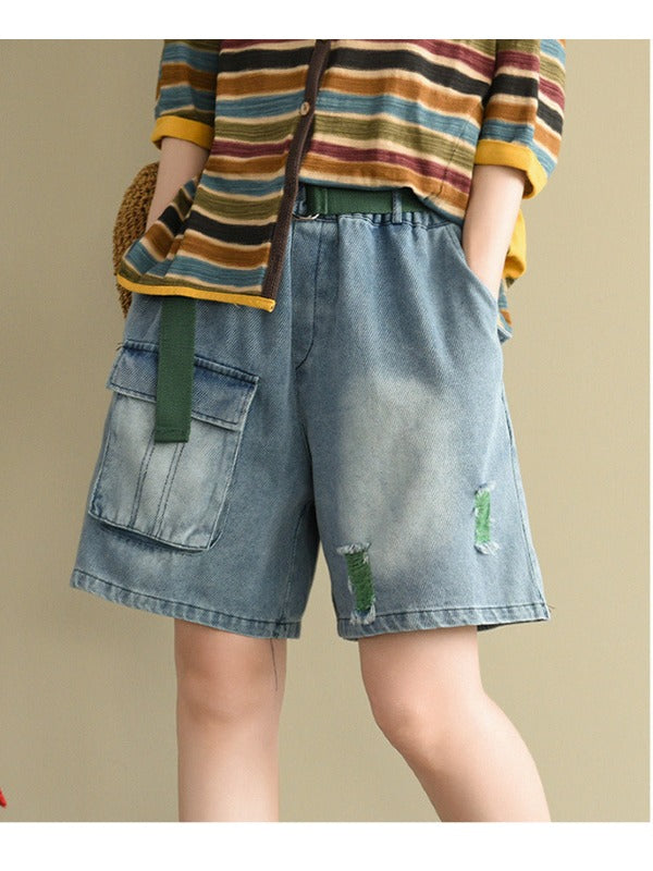 ARTISTIC HOLLOW DENIM WIDE LEG SHORTS