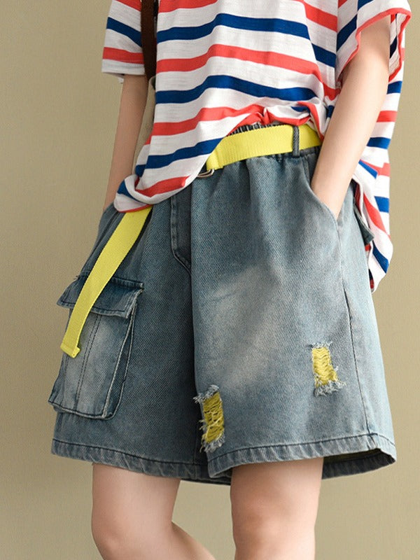 ARTISTIC HOLLOW DENIM WIDE LEG SHORTS