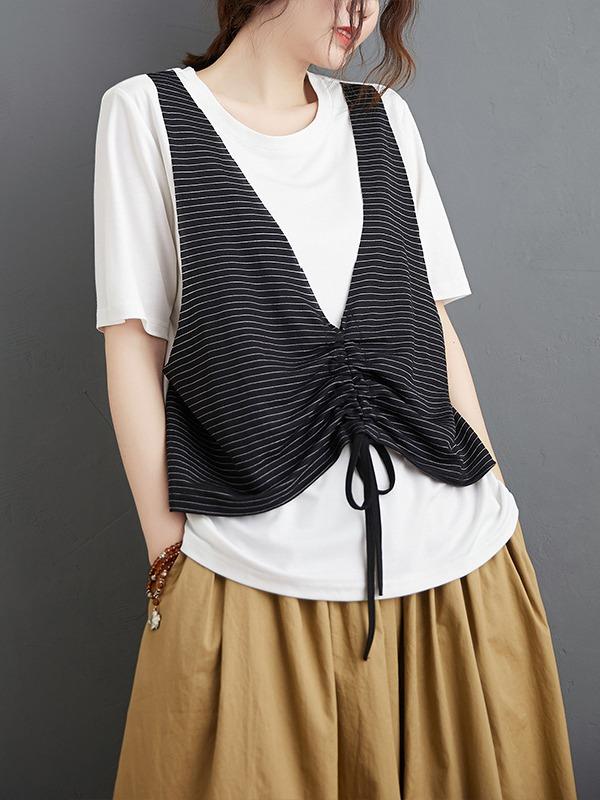 False Two Striped Split-Joint Drawstring T-Shirts